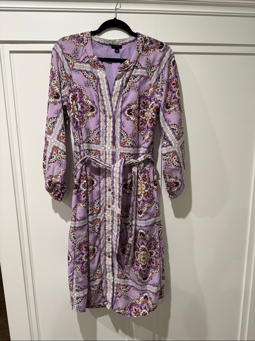 Ann Taylor Lilac Paisley Long-Sleeve Tie-Waist Dress